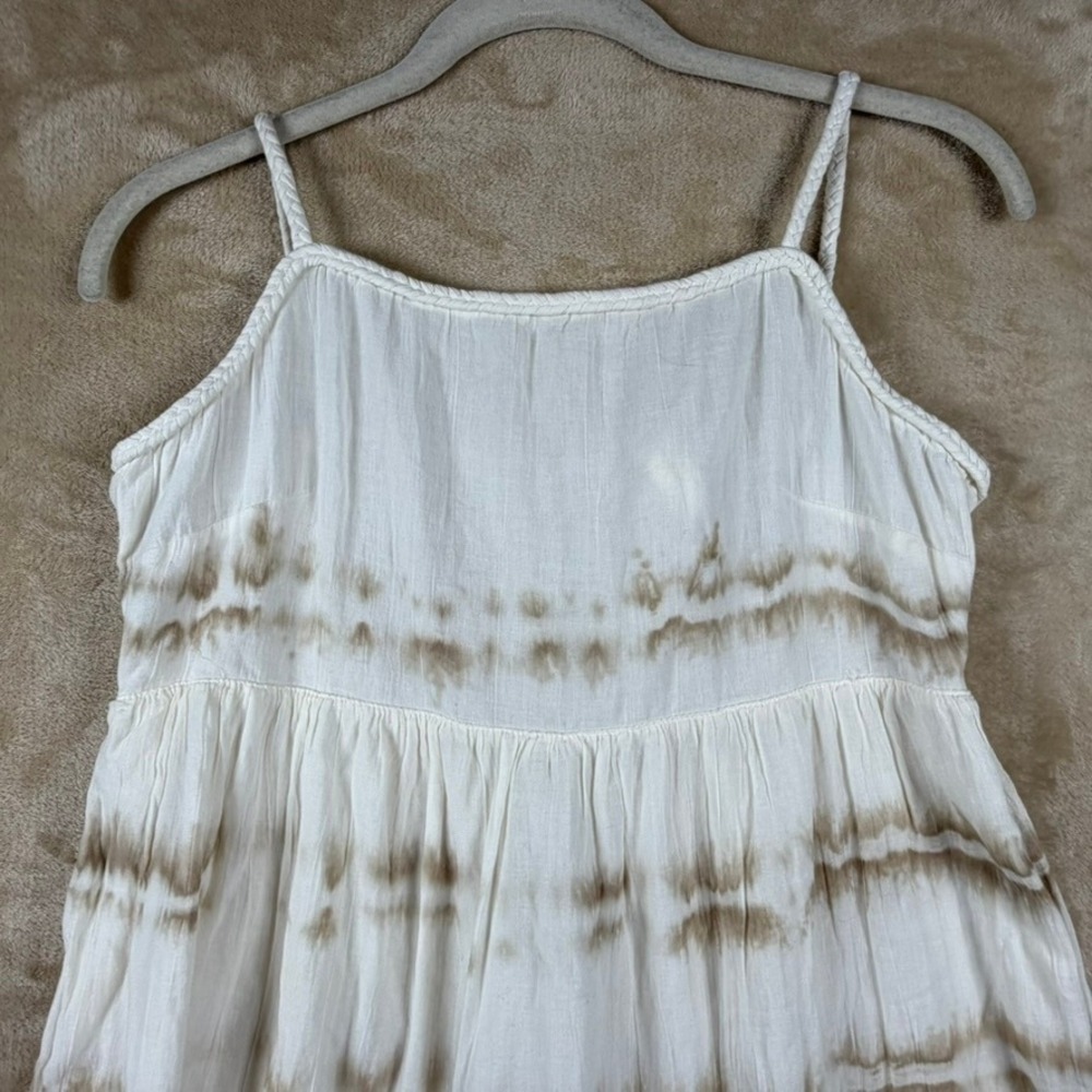 Aerie Women M White Tan Tie Dye Tiered Cotton Maxi Dress Braided Strap Open Back - Picture 6 of 10